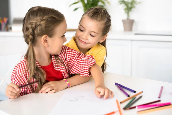 Portrait Cute Little Children Table Papers Pencils Drawing Home — Stock Photo, Image