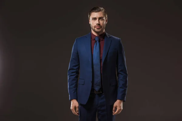 Portrait Handsome Businessman Suit Standing Looking Camera Isolated Black — Stock Photo, Image