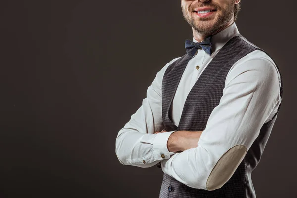 Cropped Shot Stylish Smiling Man Bow Tie Standing Crossed Arms — Stock Photo, Image