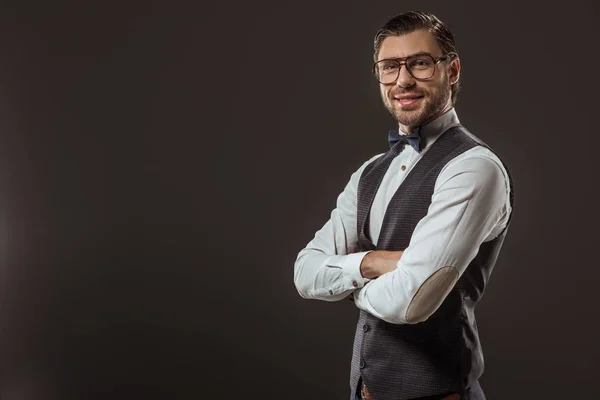 Retrato Hombre Elegante Guapo Corbata Lazo Gafas Pie Con Los — Foto de Stock