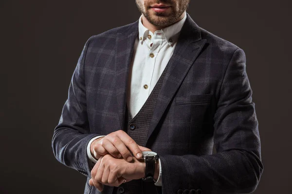 Cropped Shot Stylish Businessman Checking Wristwatch Isolated Black — Free Stock Photo