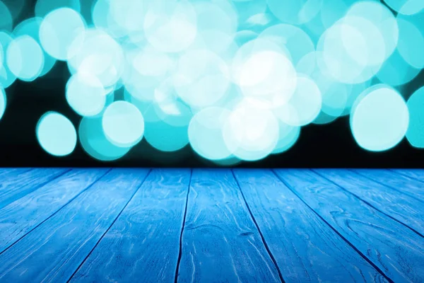 Empty Wooden Surface Beautiful Light Blue Bokeh Background — Stock Photo, Image