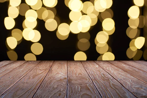 Empty Wooden Surface Beautiful Yellow Bokeh Background — Stock Photo, Image