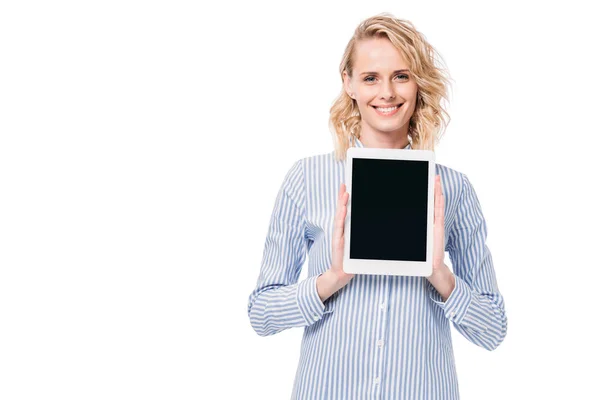 Smiling Attractive Woman Showing Tablet Blank Screen Isolated White — Stock Photo, Image
