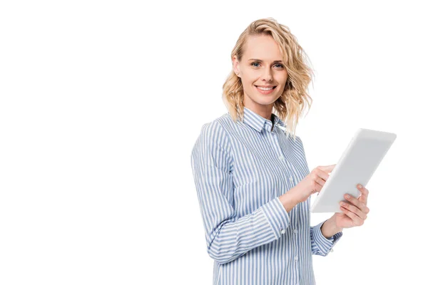 Attractive Woman Using Tablet Looking Camera Isolated White — Stock Photo, Image