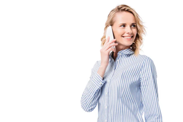 Attractive Woman Talking Smartphone Looking Away Isolated White — Stock Photo, Image