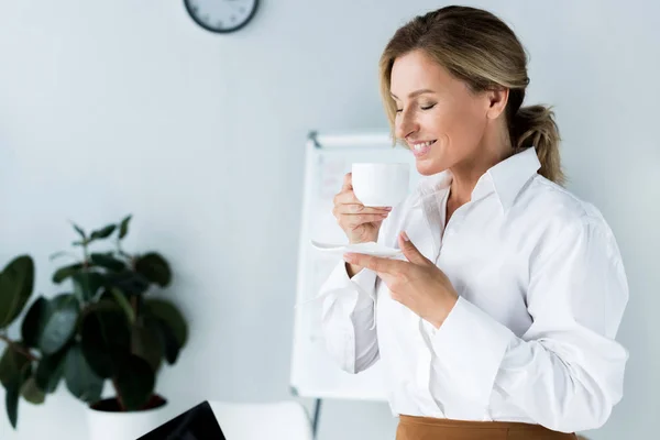Attractive Businesswoman Sniffing Coffee Closed Eyes Office — Stock Photo, Image