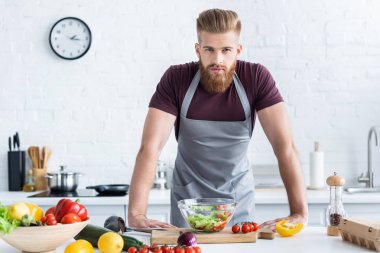 yemek sebze salata ve kameraya bakarak önlük sakallı yakışıklı
