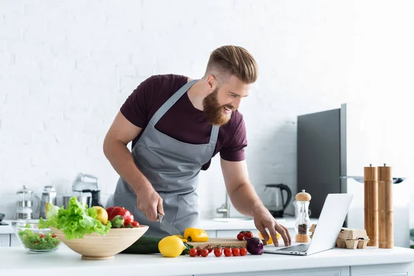 Dizüstü Bilgisayar Kullanarak Sebze Salatası Pişirme Önlük Sakallı Adam Gülümseyen — Stok fotoğraf