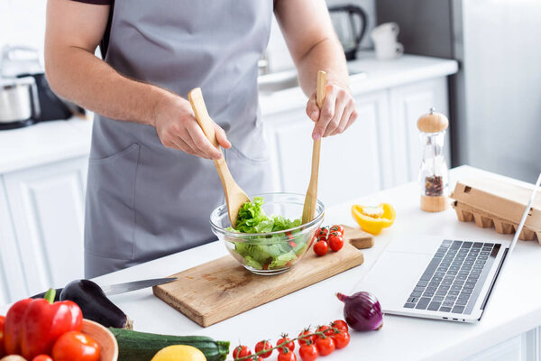 cropped shot of man in apron cooking vegetable salad and using laptop