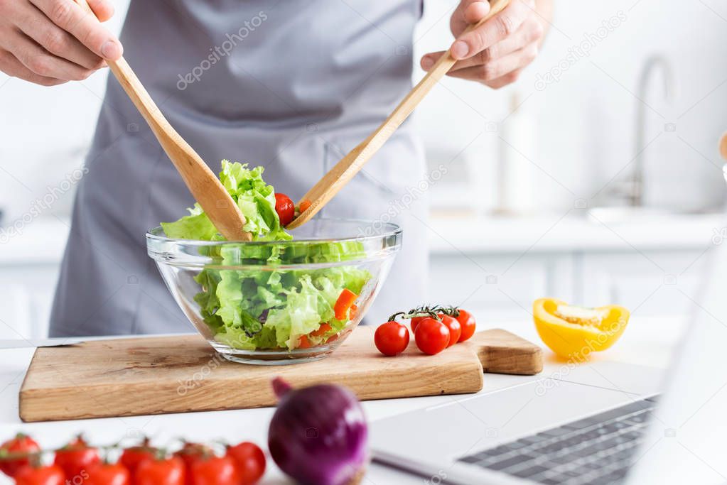 cropped shot of man in apron cooking vegetable salad 