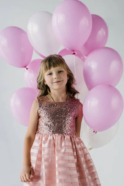 Smiling Little Kid Looking Camera Holding Bunch Air Balloons — Stock Photo, Image