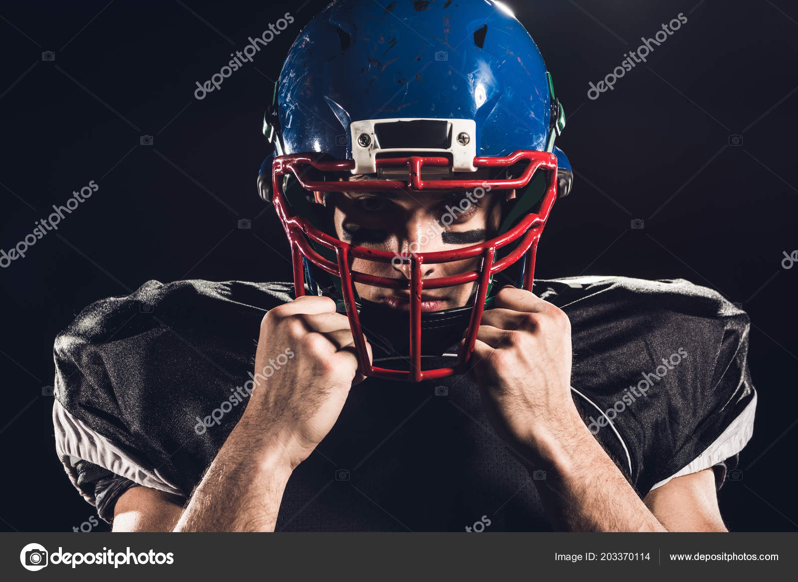Close Portrait American Football Player Helmet Looking Camera Isolated Black Royalty Free Photo Stock Image By C Edzbarzhyvetsky