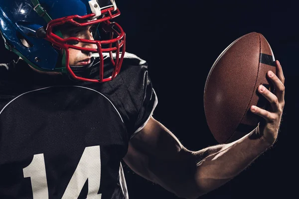 Close Portrait Equipped American Football Player Ball Isolated Black — Stock Photo, Image