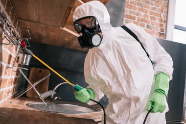 haşere kontrol işçi pestisitler metal püskürtme mutfakta raflar