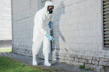 pest control worker spraying chemicals with sprayer on building wall clipart