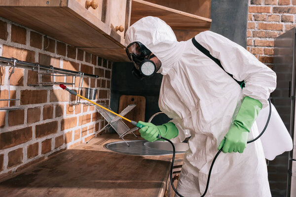 side view of pest control worker spraying pesticides on shelves in kitchen