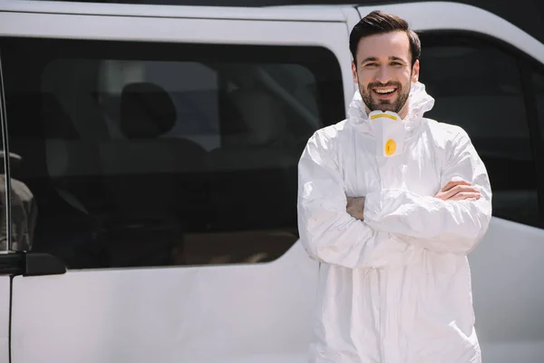 Happy Pest Control Worker Uniform Standing Crossed Arms Car Street — Stock Photo, Image