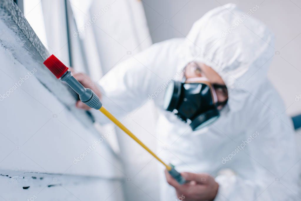 pest control worker spraying pesticides under windowsill at home