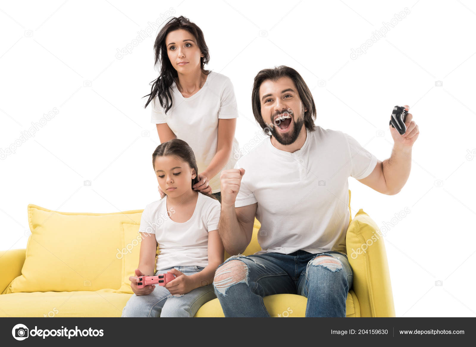 Happy Man Upset Family Playing Video Games Yellow Sofa Isolated Free Stock Photo C Edzbarzhyvetsky 204159630