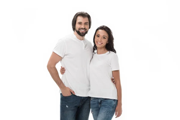 Retrato Casal Sorridente Abraço Isolado Branco — Fotografia de Stock