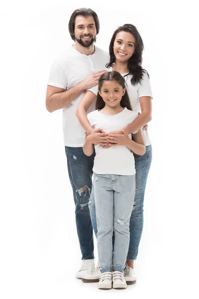 Gelukkige Familie Witte Shirts Jeans Geïsoleerd Wit — Stockfoto