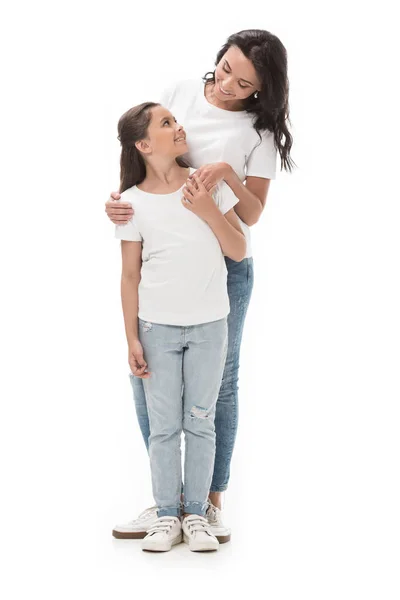 Happy Mother Daughter Looking Each Other Isolated White — Stock Photo, Image