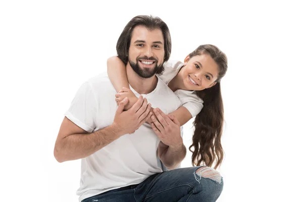 Portrait Smiling Father Little Daughter Looking Camera Isolated White — Stock Photo, Image