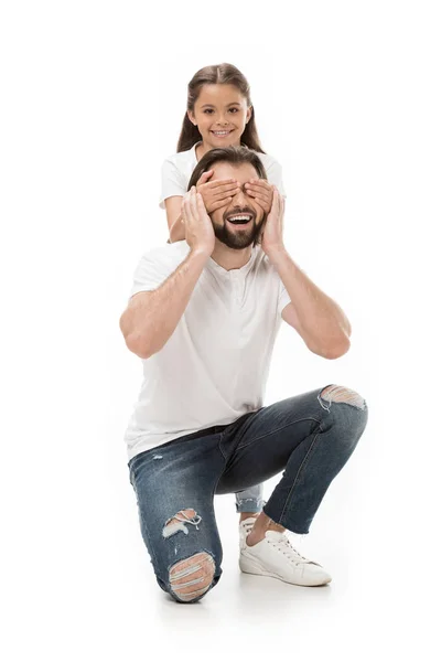 Little Daughter Covering Fathers Eyes Isolated White — Stock Photo, Image