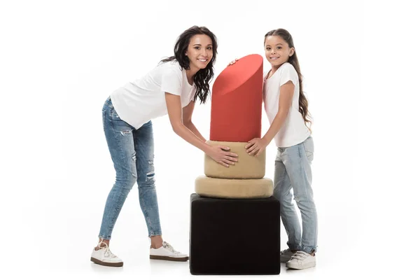 Smiling Mother Daughter Standing Big Lipstick Model Isolated White — Stock Photo, Image