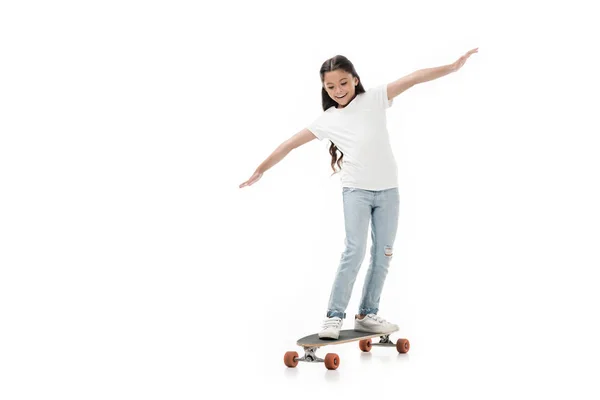 Cheerful Kid Outstretched Arms Skating Skateboard Isolated White — Stock Photo, Image