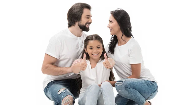 Portrait Smiling Kid Showing Thumbs Parents Isolated White — Stock Photo, Image