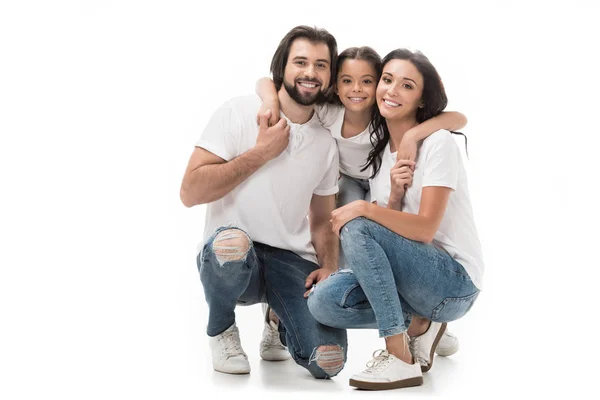 Cheerful Daughter Hugging Parents Isolated White — Stock Photo, Image