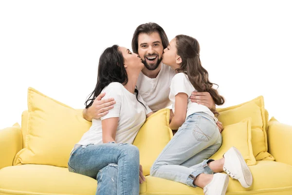 Portrait Mother Daughter Yellow Sofa Kissing Happy Father Isolated White — Stock Photo, Image