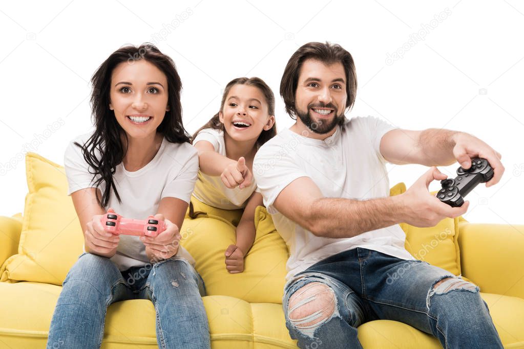 happy family playing video games together isolated on white