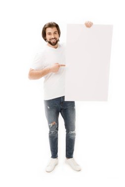 boş başlık el işaret gülümseyen sakallı adam beyaz izole