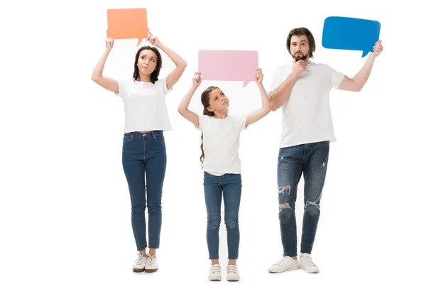 Pensive Family Blank Colorful Speech Bubbles Isolated White — Stock Photo, Image