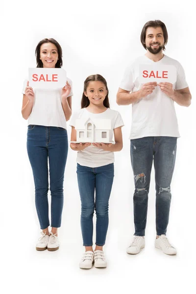 Smiling Family Sale Cards House Model Isolated White — Stock Photo, Image