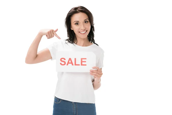 Portrait Smiling Woman Pointing Sale Card Isolated White — Stock Photo, Image