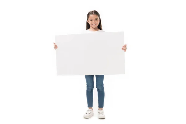 Smiling Child Blank Banner Hands Looking Camera Isolated White — Stock Photo, Image