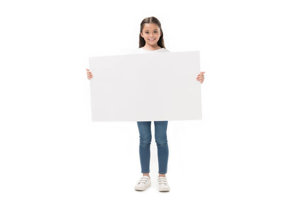 smiling child with blank banner in hands looking at camera isolated on white