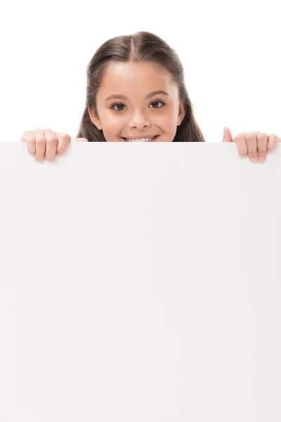 Smiling Child Blank Banner Hands Looking Camera Isolated White — Stock Photo, Image
