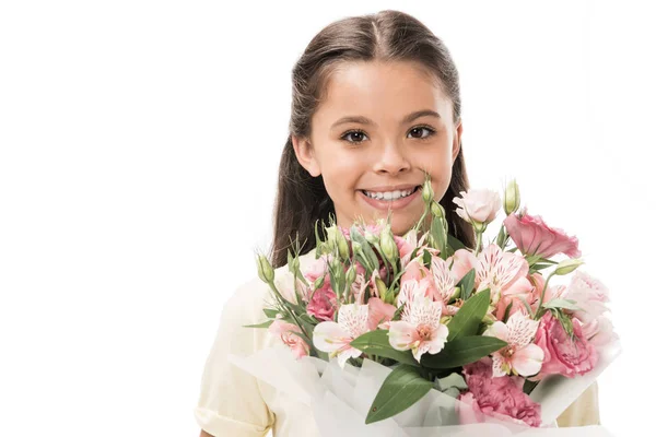 Portret Van Lachende Jongen Met Boeket Bloemen Geïsoleerd Wit — Stockfoto