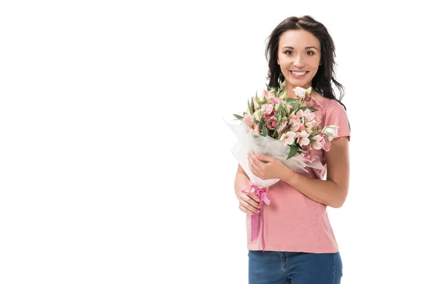 Retrato Mujer Sonriente Con Ramo Flores Aisladas Blanco — Foto de Stock