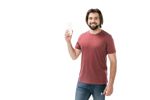 Retrato Homem Barbudo Sorridente Com Vidro Água Mão Isolado Branco — Fotografia de Stock