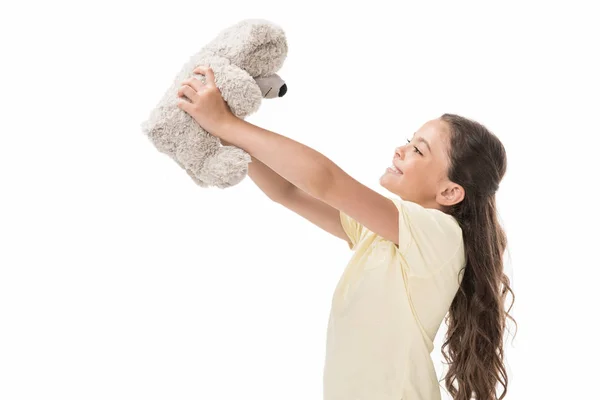 Side View Cute Smiling Kid Teddy Bear Isolated White — Stock Photo, Image
