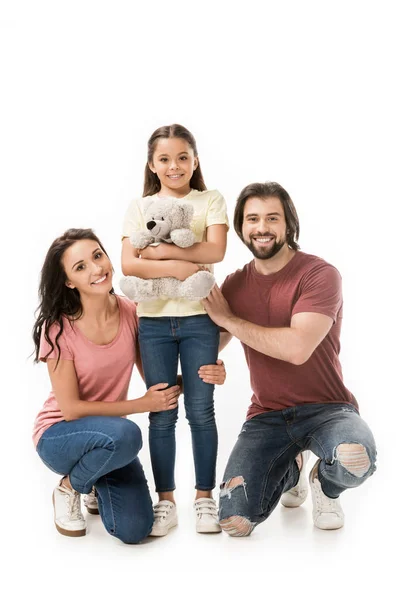Smiling Parents Daughter Teddy Bear Isolated White — Stock Photo, Image