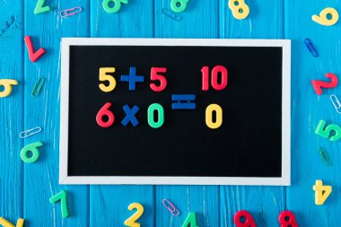 top view of blackboard with math sums, colorful numbers and paper clips on blue wooden background  clipart