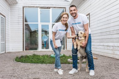 labrador palming ve kameraya bakarak hayvan sığınak gülümseyen gönüllüler