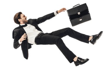 shouting young businessman falling with briefcase isolated on white clipart